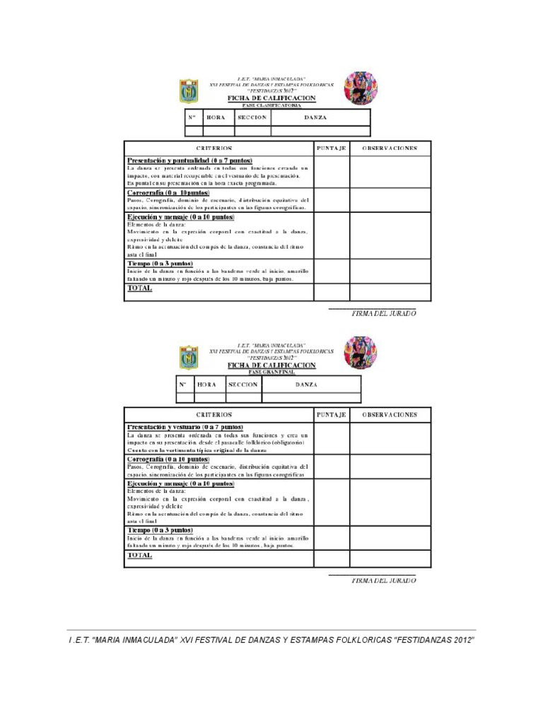 Ficha de Calificación para Concurso de Danzas | PDF