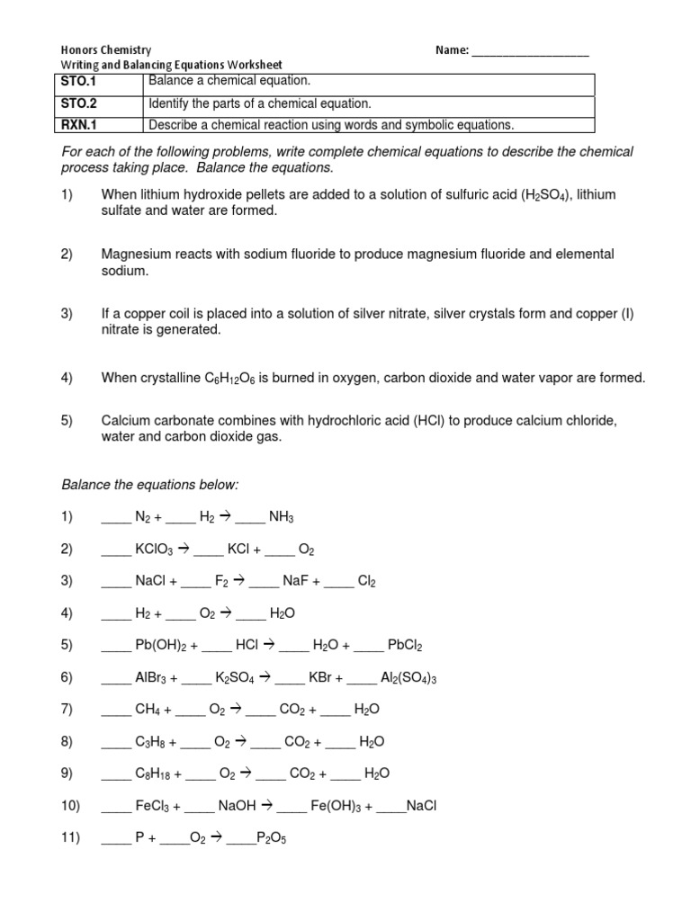 Chemical Equations Worksheet 4 Chlorine Hydroxide