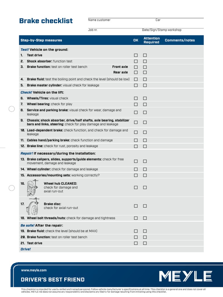 Brake Inspection Checklist Guide | PDF | Axle | Brake