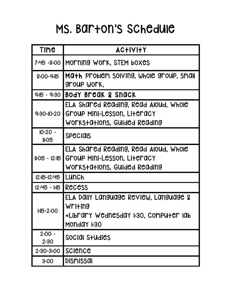 Ms. Barton's Daily Class Schedule | PDF | Language Arts & Discipline ...