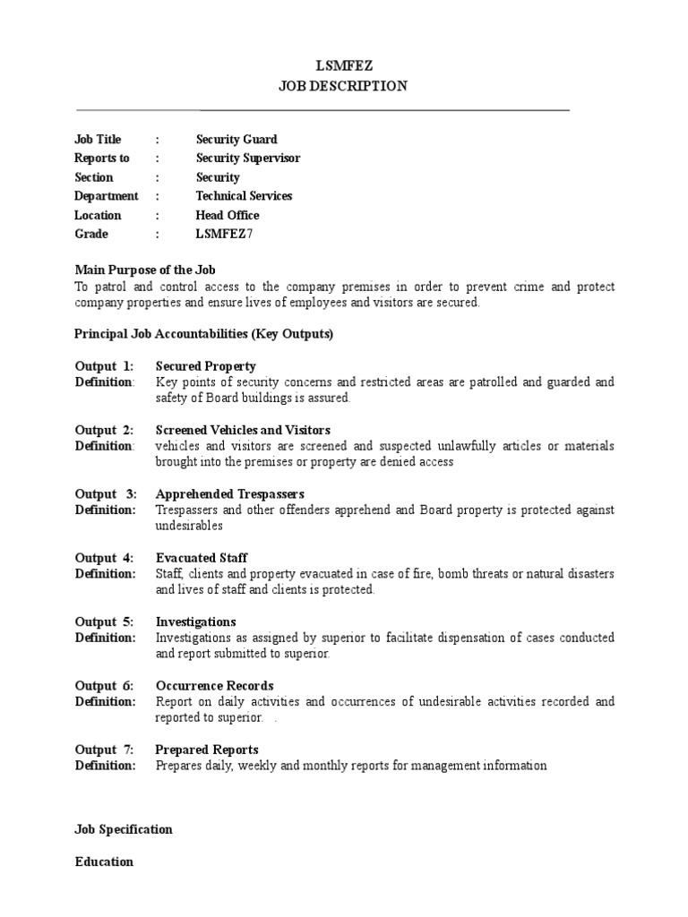 Security Guard Job Description PDF