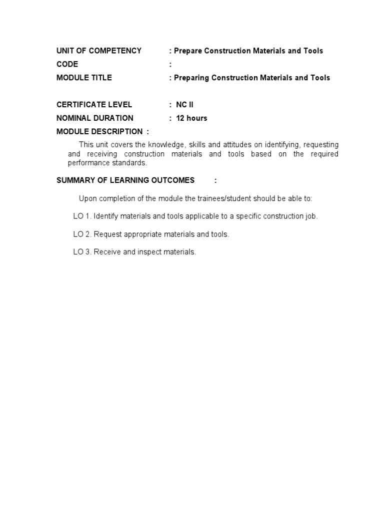 Unit of Competency Prepare Construction Materials and Tools Code