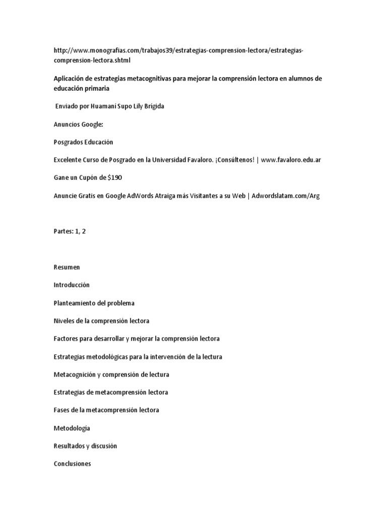 Estrategias Metacognitivas | PDF | Comprensión lectora | Teoria de la mente