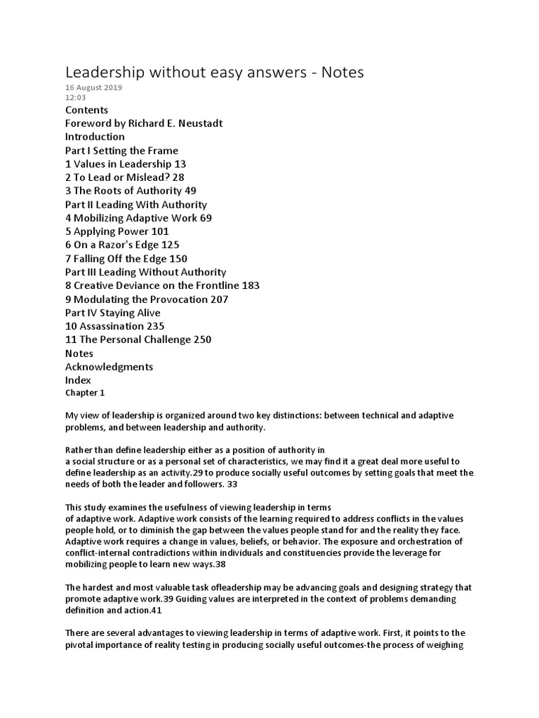 Leadership Without Easy Answers Examining Leadership Through The Lens