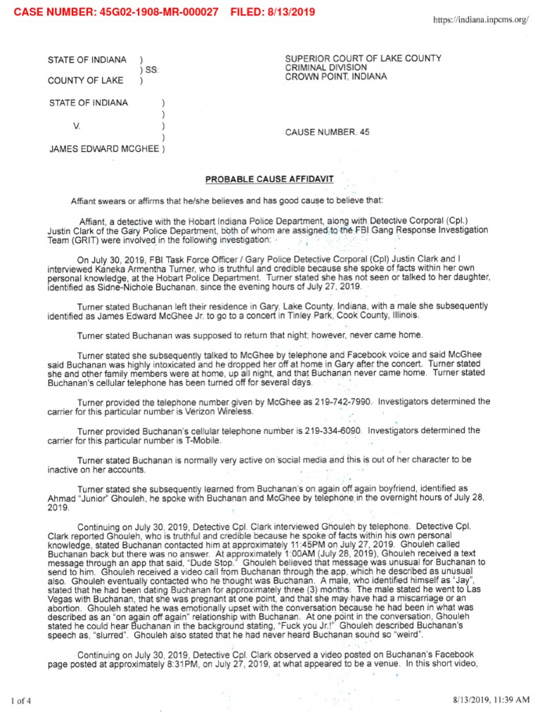 Indiana Probable Cause Affidavit: McGhee Case | PDF | Autopsy | Detective