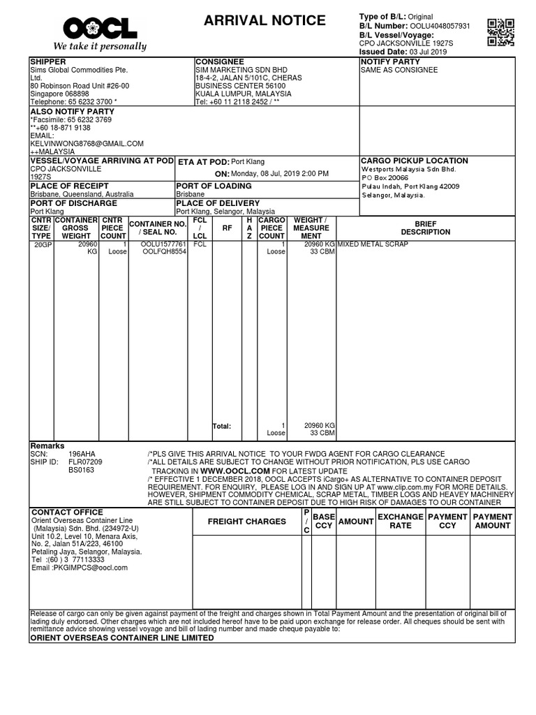 Bl 4048057931 | Invoice | Cargo