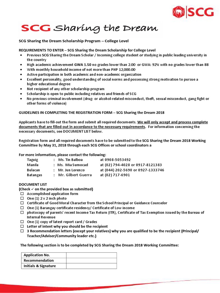 SCG Sharing The Dream Scholarship Program - College Level | PDF ...