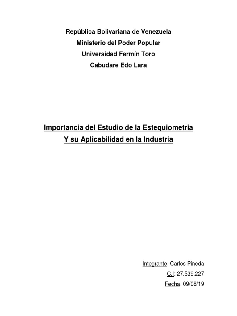 Importancia de La Estequiometria y Su Uso Industrial