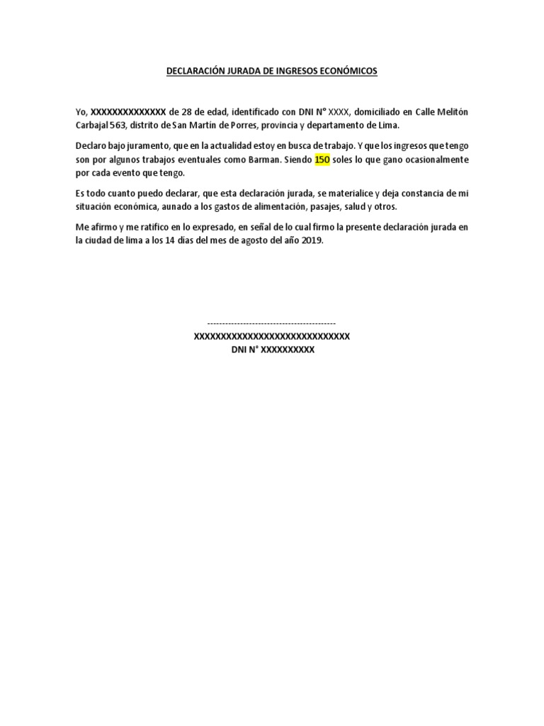 Declaración Jurada de Ingresos Económicos | PDF | Finanzas y dinero