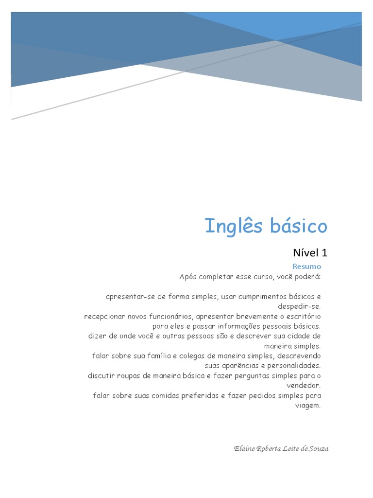 Curso de Inglês Básico - Nível 1 PDF | PDF | Pronome | Tempo