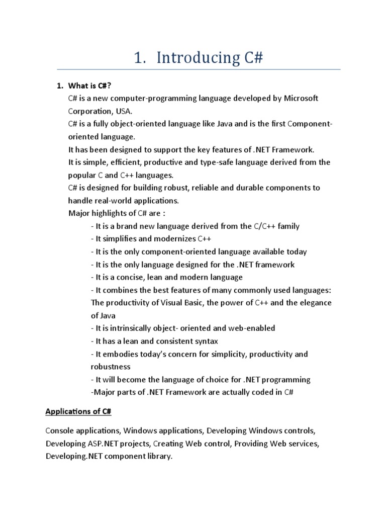 Introducing C | PDF | C Sharp (Programming Language) | Class (Computer ...
