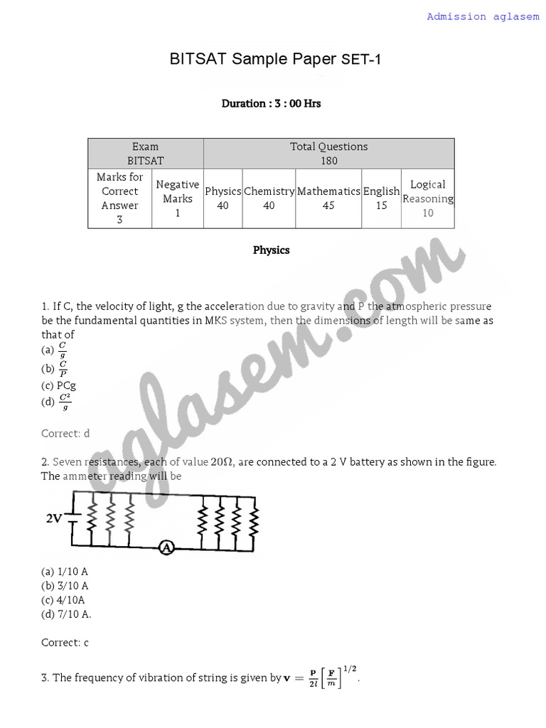 BITSAT Sample Paper: Bitsat Set 1 Bitsat Set 1 | PDF | Redox | Lens ...