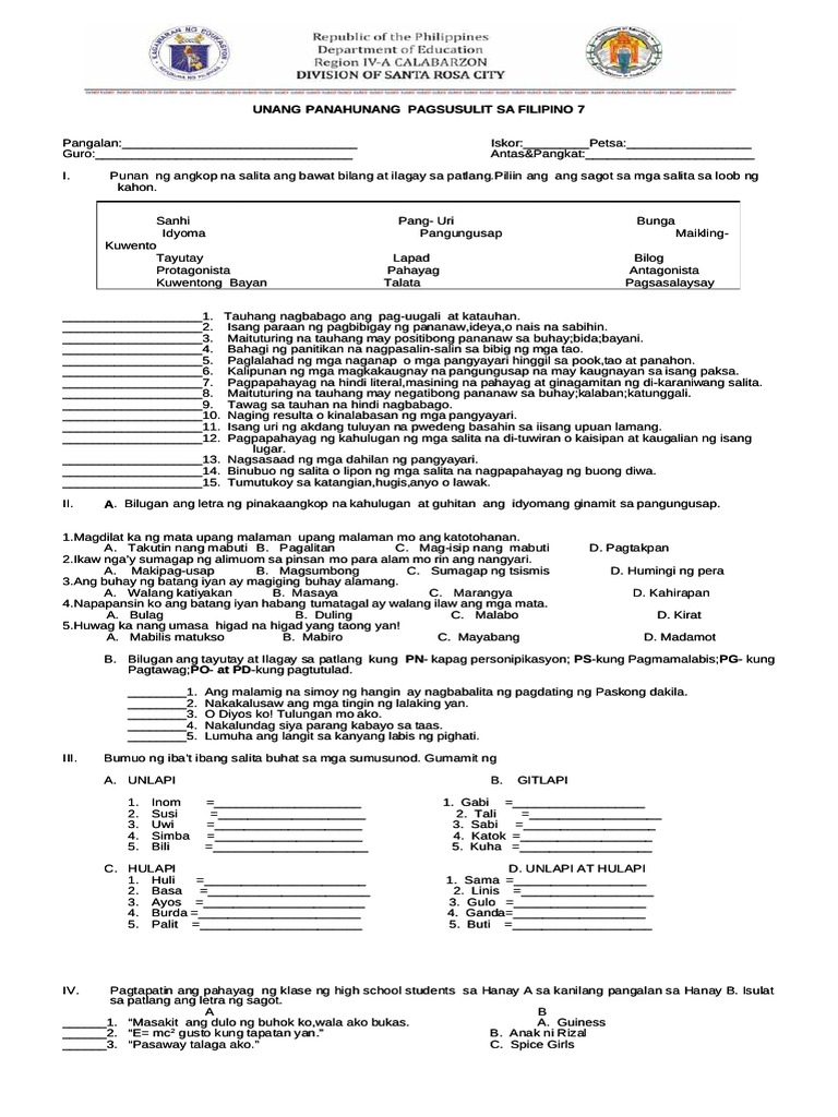 Buwanang Pagsusulit Sa Filipino 7 | PDF