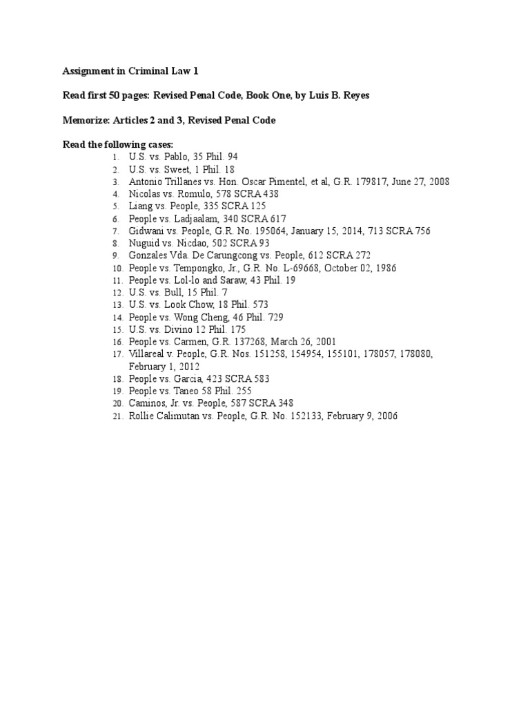 Assignment in Criminal Law 1 | PDF