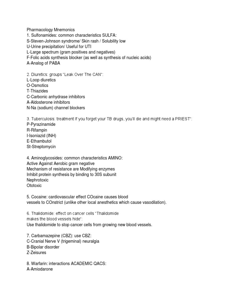 Pharmacology Mnemonics | PDF | Norepinephrine | Drugs