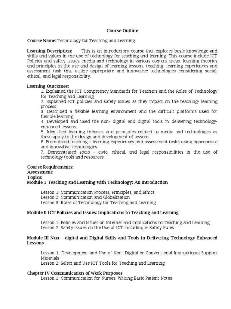 Technology for Teaching and Learning Course | PDF | Educational ...