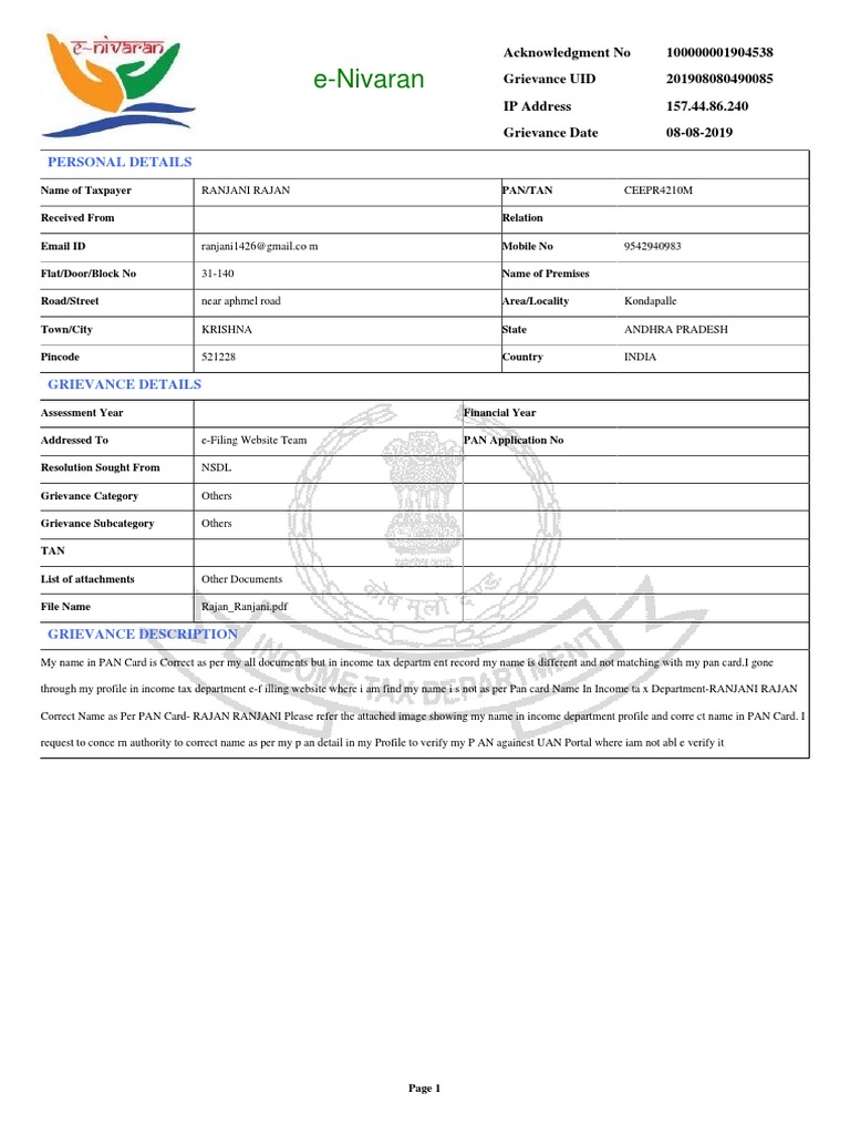 PAN Name Correction Request | PDF | Taxation | Payments