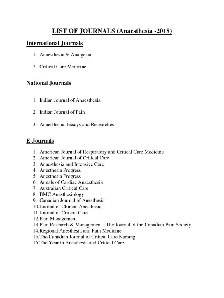 LIST OF JOURNALSAnaesthesia PDF