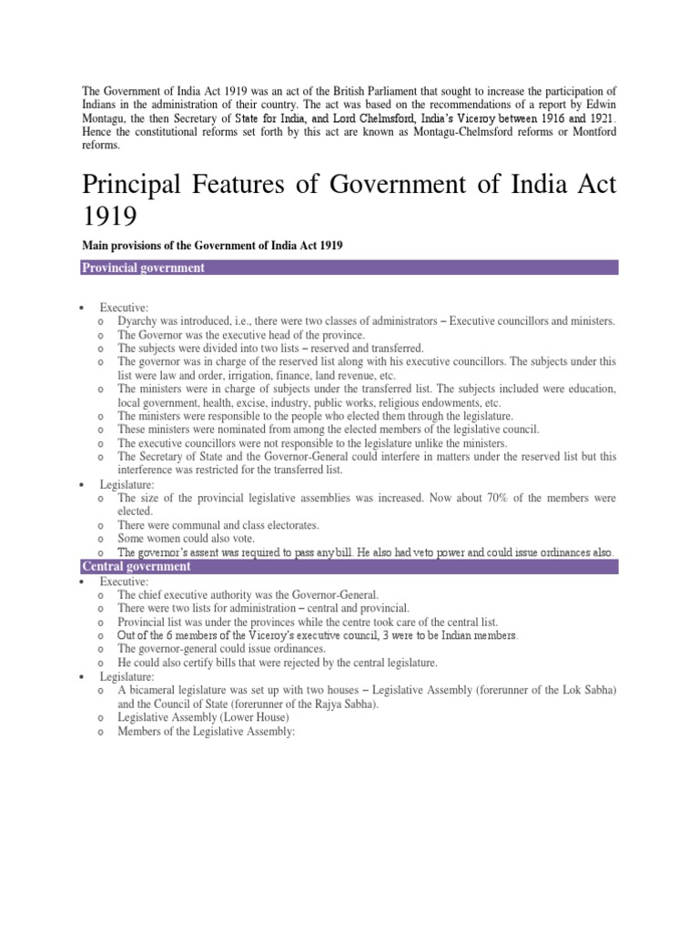 main features of government of india act 1919