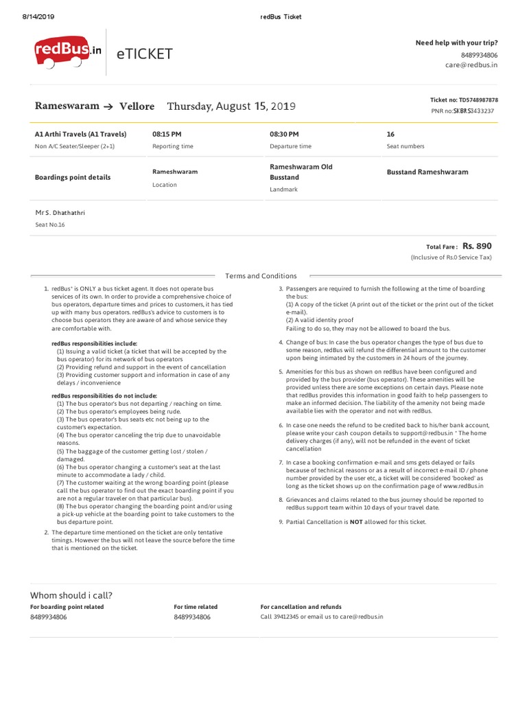 redBus Ticket Sample and Guidelines | PDF | Ticket (Admission) | Bus
