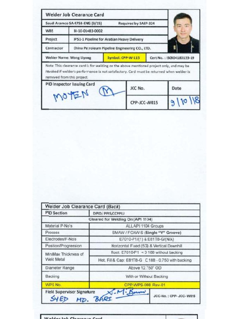 Welder Id Card Format