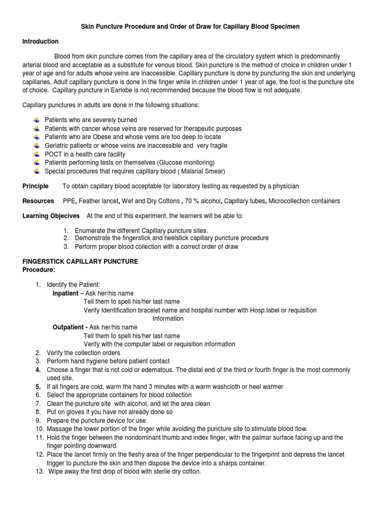 Capillary Blood Collection Procedures | PDF | Vein | Capillary