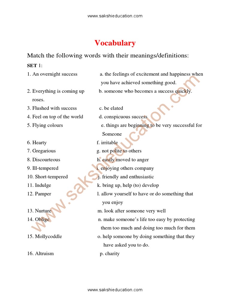 Vocabulary: Match The Following Words With Their Meanings/definitions | PDF
