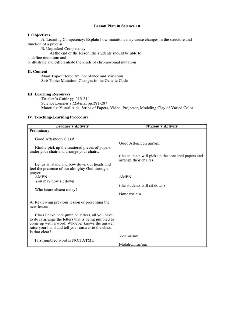 Lesson Plan in Science 10 (MUTATION) PDF Mutation Gene