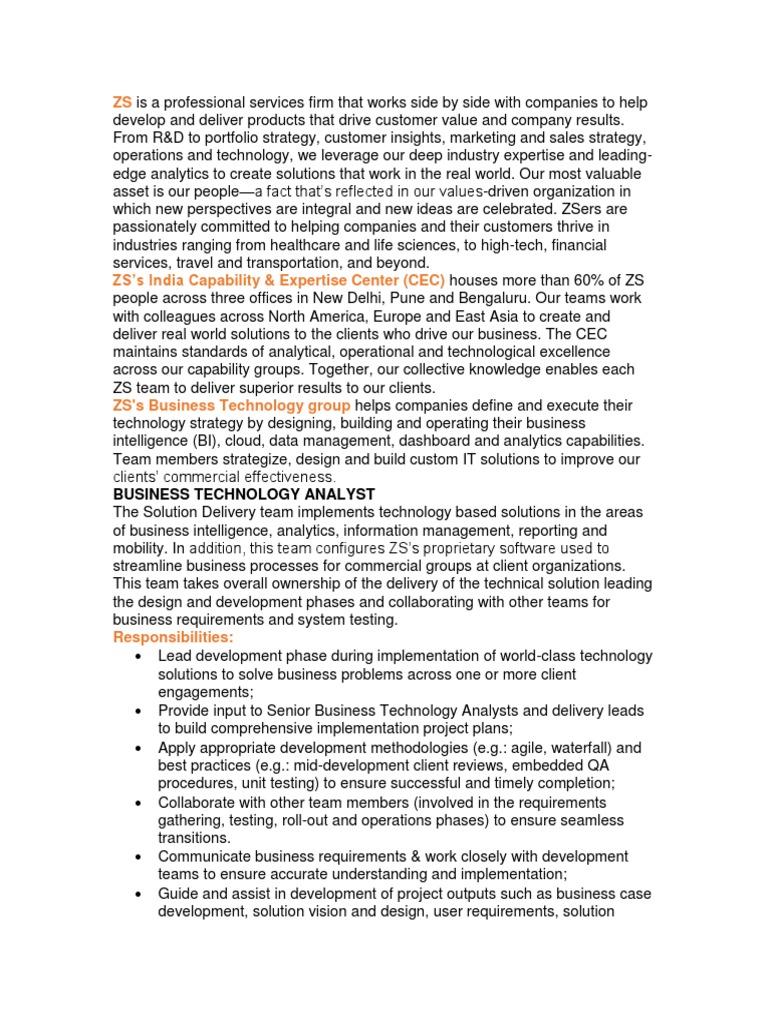 Business Technology Analyst Role at ZS | PDF | Analytics | Business ...