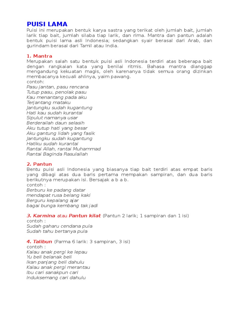 Contoh Puisi Lama Dan Baru  PDF