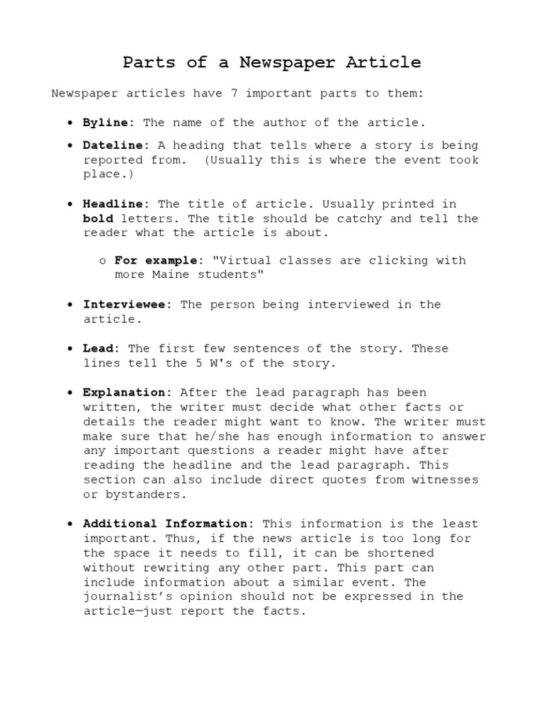 Parts of A Newspaper Article PDF Newspaper And Magazine