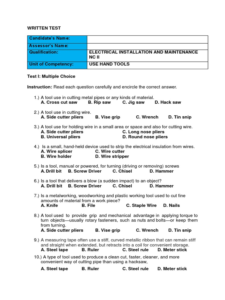 Electrical Tools Assessment Guide | PDF | Drill | Screw