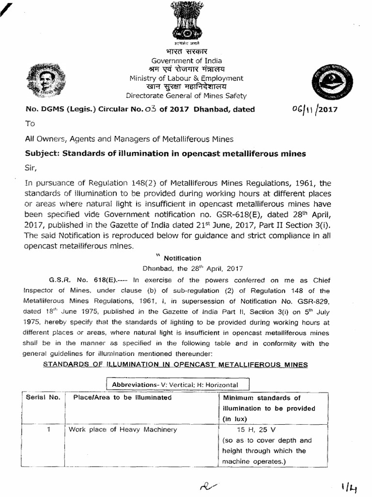 Subject Standards of Illumination in Opencast Metalliferous Mines