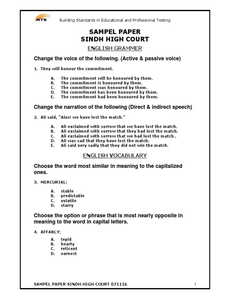 NTS Past Paper Sample for Sindh High Court | PDF