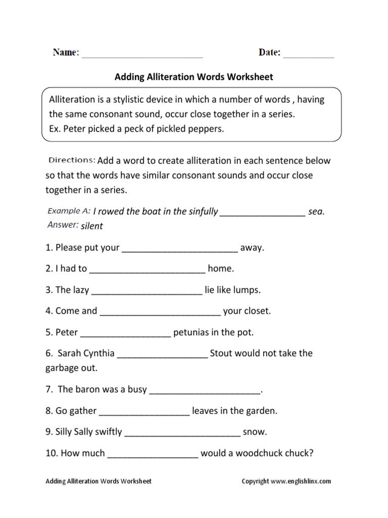 Adding Alliteration Words Worksheet