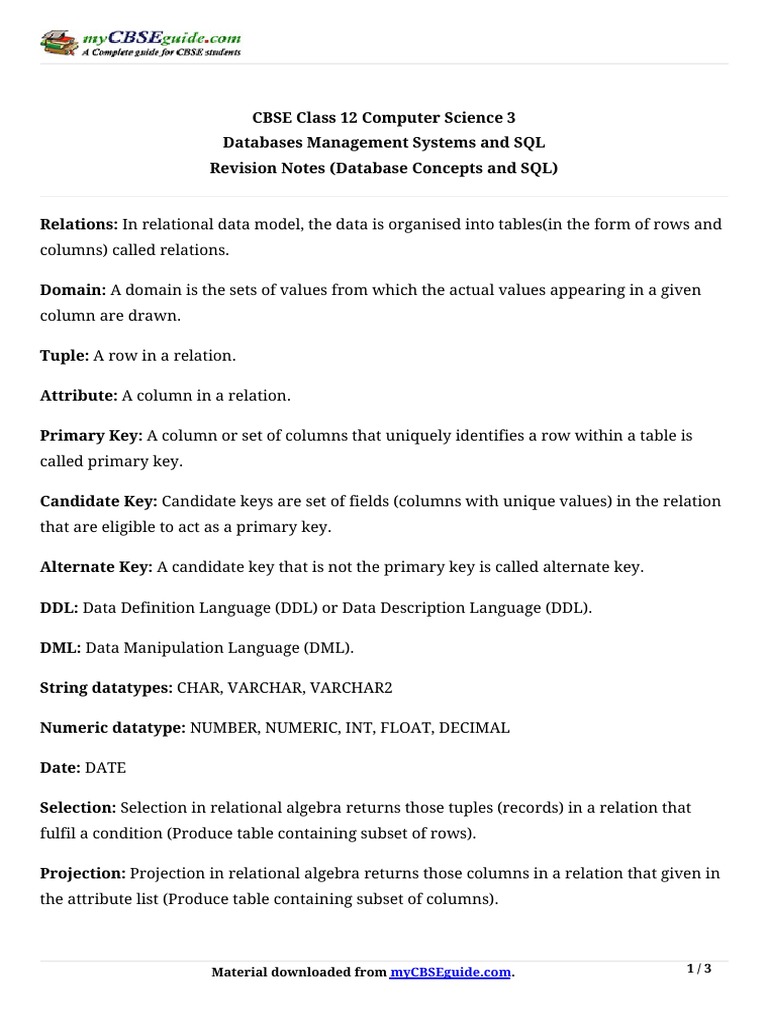 Cs Notes Database Concepts Class12 | PDF | Table (Database ...