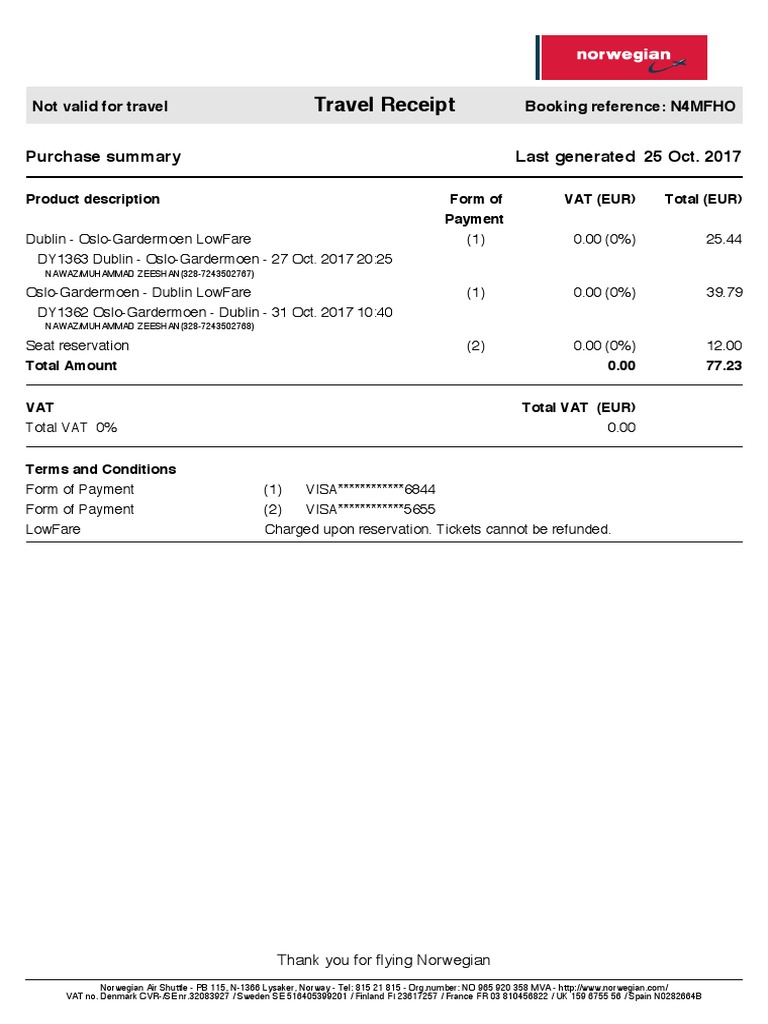Norwegian Air Travel Receipt | PDF