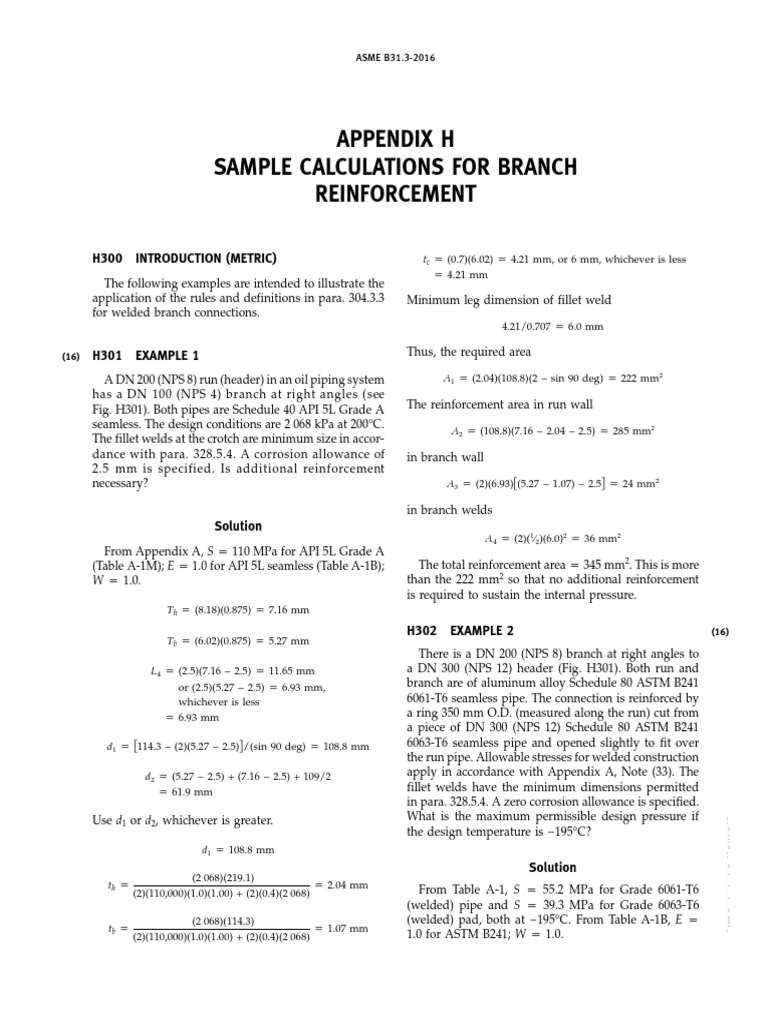 ASME B31.3 Branch Reinforcement Calculations | PDF | Pipe (Fluid ...