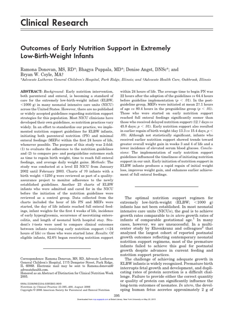 Clinical Research of Early Nutrition Support in Extremely Low