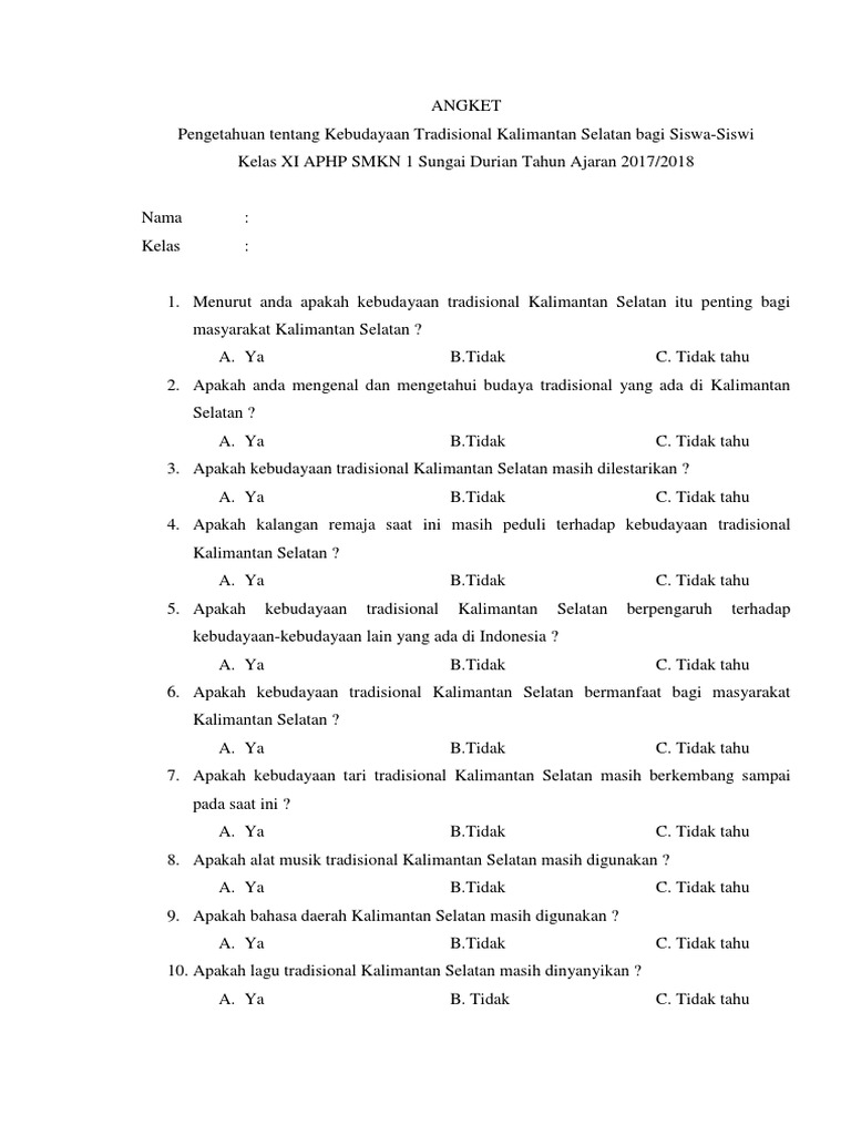 Angket Kebudayaan Tradisional Kalsel | PDF | Seni & Disiplin Bahasa ...