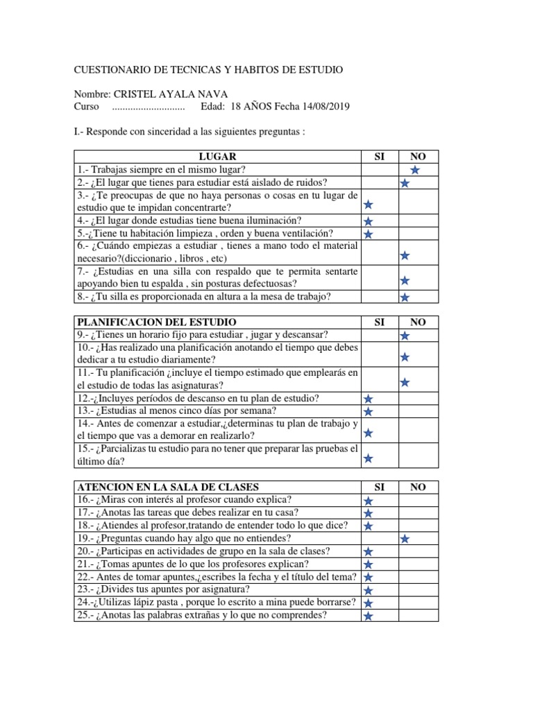 Cuestionario de Hábitos de Estudio | PDF | Crecimiento personal y ...