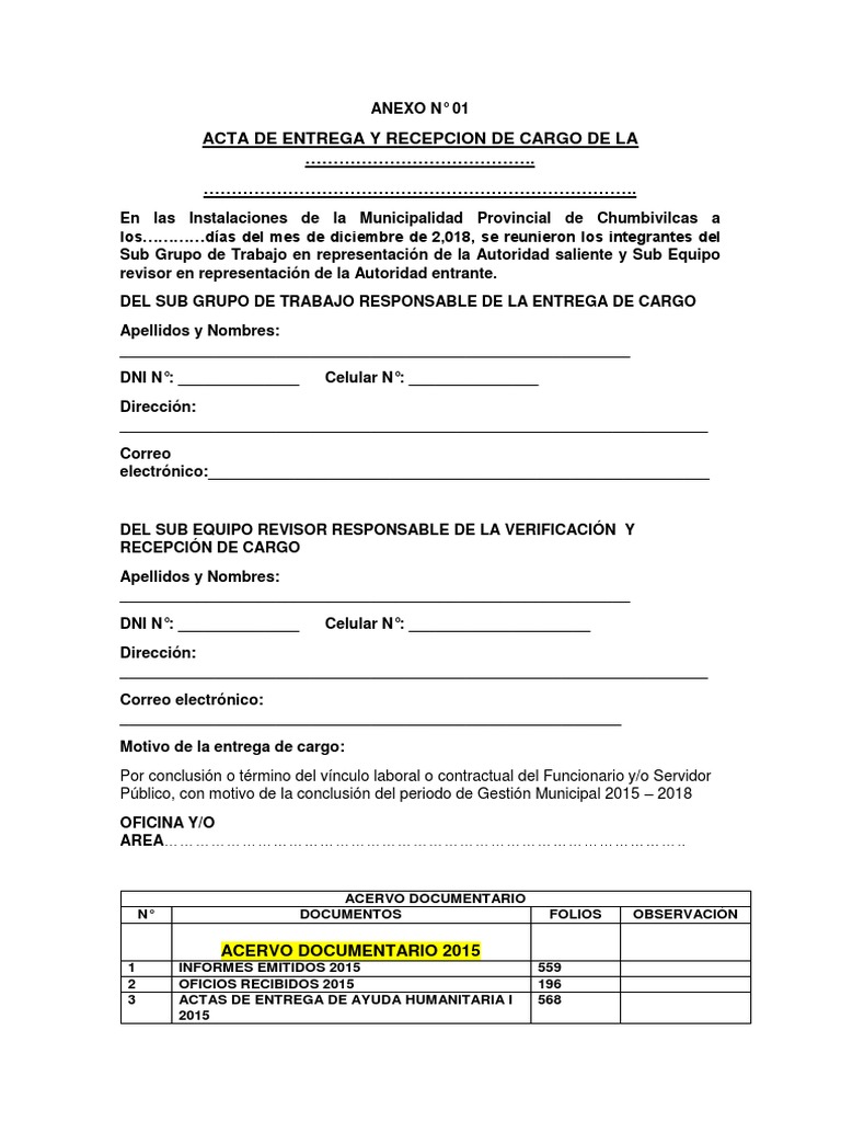 Acta de Entrega de Cargo Municipal | PDF | Equipo de oficina | Hardware ...