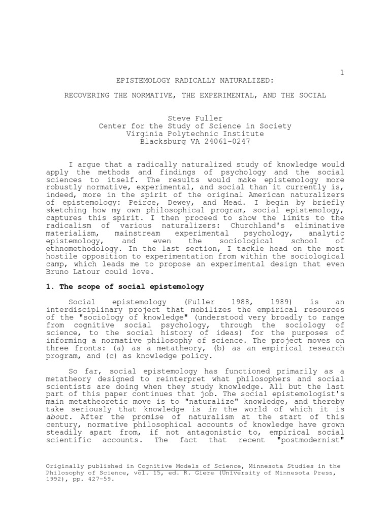 Naturalized Epistemology and Social Science | PDF | Philosophy Of ...