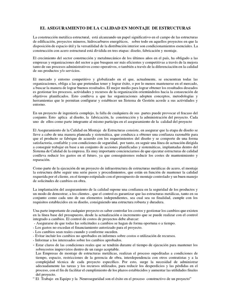 El Aseguramiento de La Calidad en Montaje de Estructuras | PDF ...