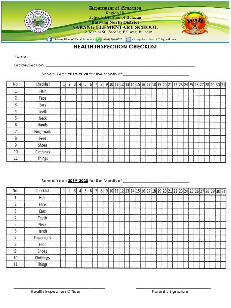Sabang Elementary Health Inspection Checklist | PDF | Schools