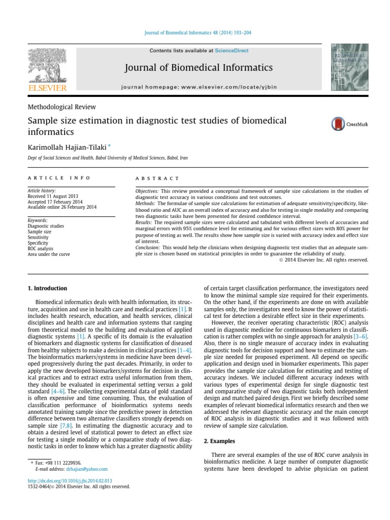 Sample Size | PDF | Sensitivity And Specificity | Receiver Operating ...