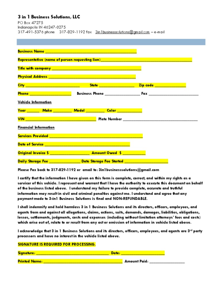Vehicle Lien Request Form Template | PDF