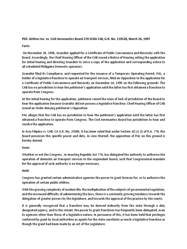 Case Digest Phil Airlines Inc Vs Civil Aeronautics Board 270 Scra 538 G R No March 26 1997 U S State United States Congress