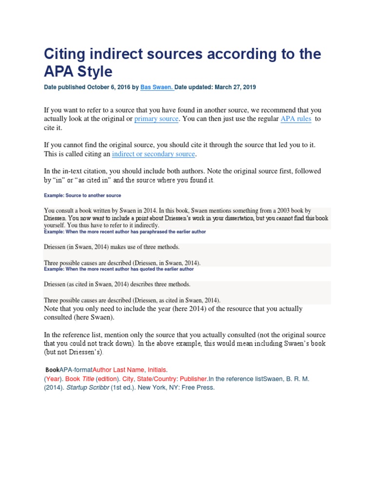 Citing Indirect Sources According To The Apa Style Docx Citation Information Science