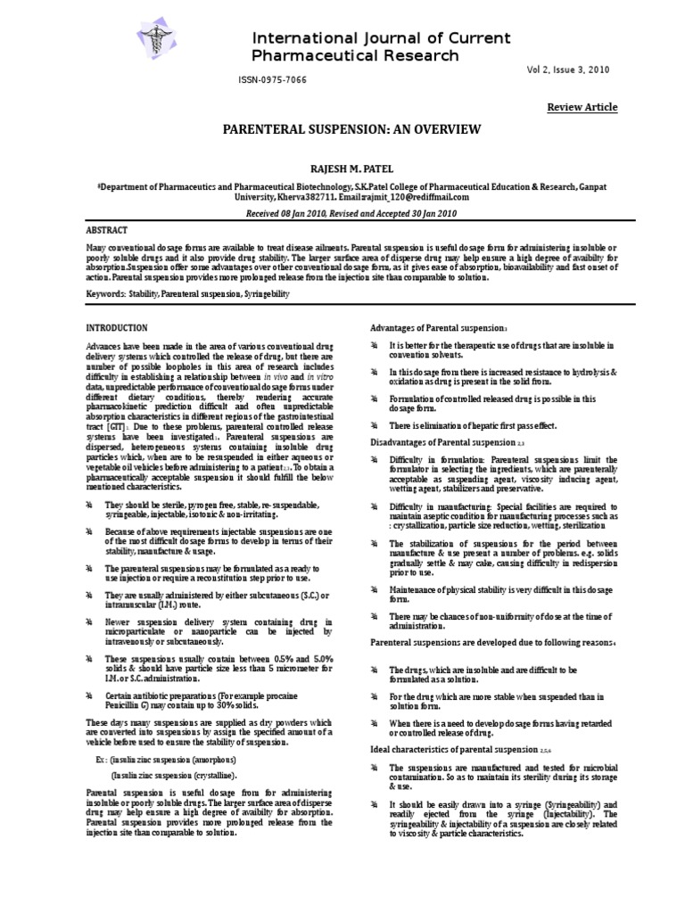 Parenteral Suspension An Overview PDF Pharmaceutical Formulation